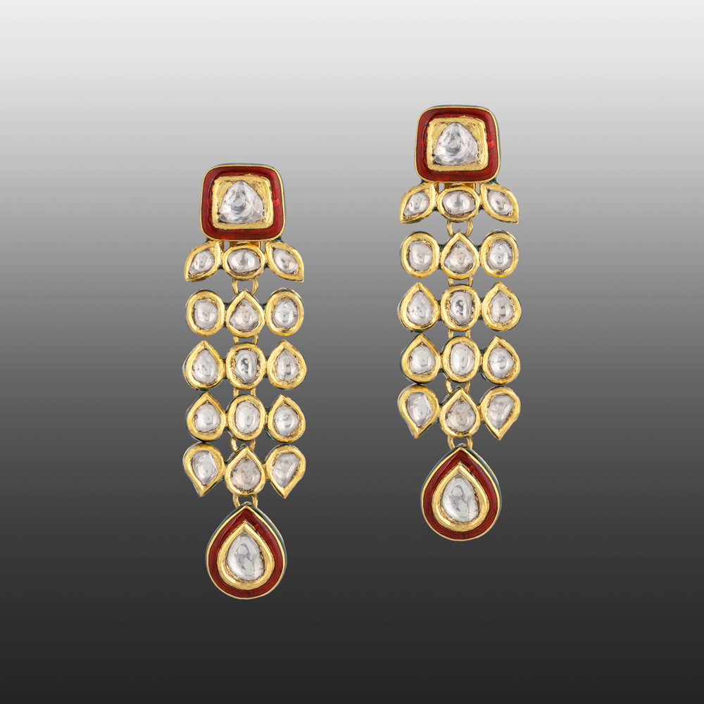 Cascading Polki Pendant with Red Enamel & Teardrop Polkis